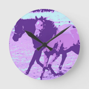 Horloge Ronde Chevaux d'art pop violet