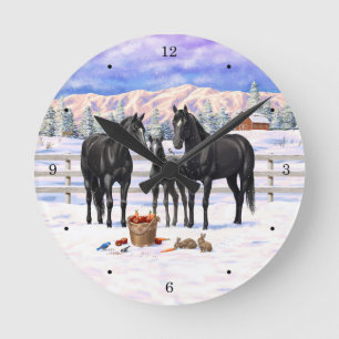 Horloge Ronde Chevaux Du Quartier Noir En Neige