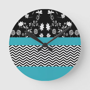 Horloge Ronde chevron floral bleu