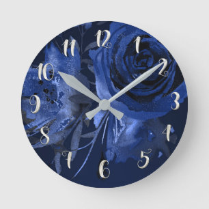 Horloge Ronde Chic hivernal Fleurs bleues audacieuses Élégant Ch