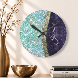 Horloge Ronde Chic irisé violet bleu faux parties scintillant mo