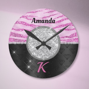Horloge Ronde Chic rose noir faux parties scintillant poster de