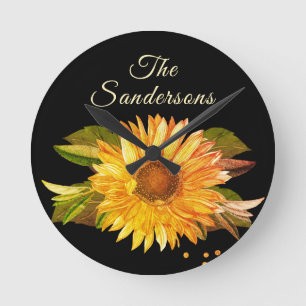 Horloge Ronde  Chic Rustique Tournesol Jaune Doré 