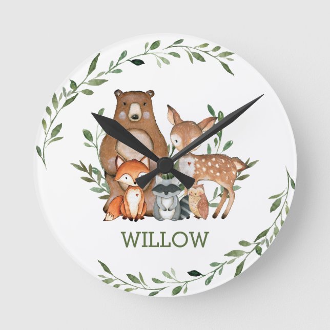 Horloge Ronde Chic Whimsical Woodland Animals Bear Fox Owl (Recto)