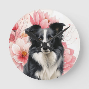 Horloge Ronde Chien Border Collie et lis roses audacieux