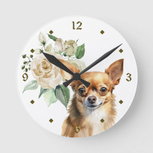Horloge Ronde Chien Chihuahua, Bouquet de Rose blanche