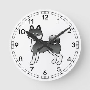 Horloge Ronde Chien de dessin animé Alaskan Klee Kai noir et bla
