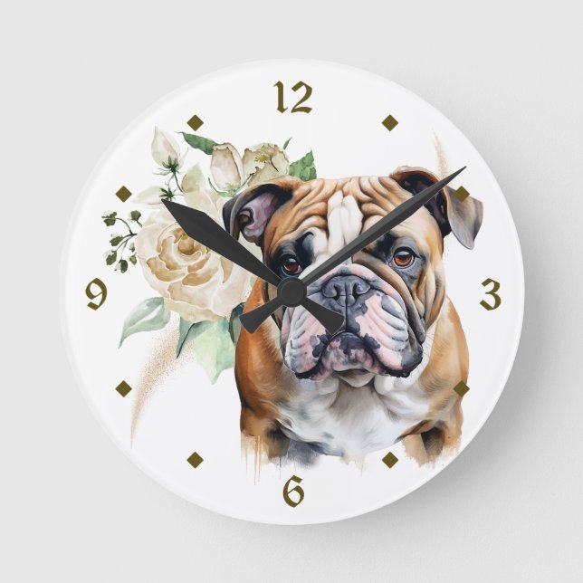 Horloge Ronde Chien-taureau du Bouquet de Rose blanche (Recto)
