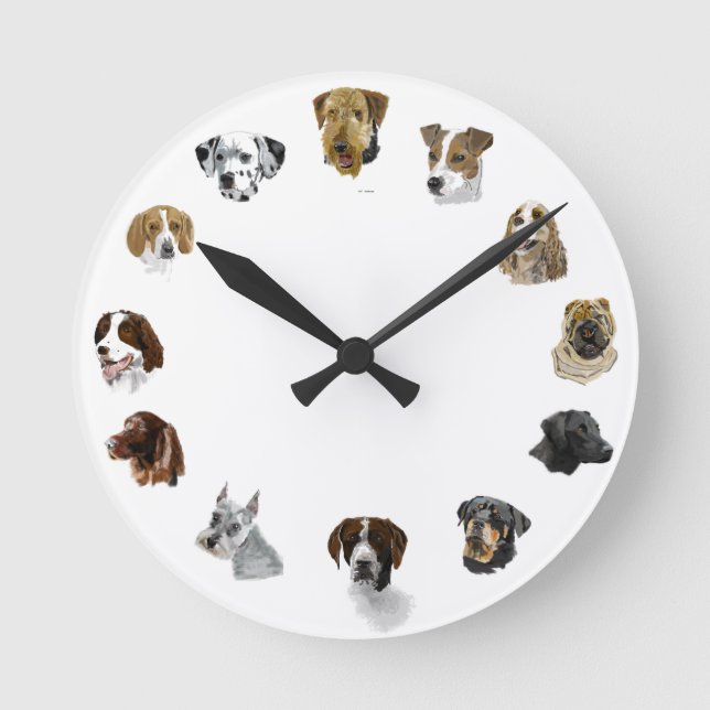 Horloge Ronde Chiens de travail dessinés à la main (Recto)