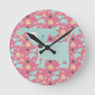 Horloge Ronde Chiens, étoiles et fleurs