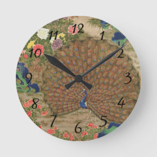 Horloge Ronde Chinoiserie Paon Bleu avec Jardin de Fleurs Exotiq