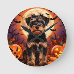 Horloge Ronde Chiot adorable avec fond Halloween