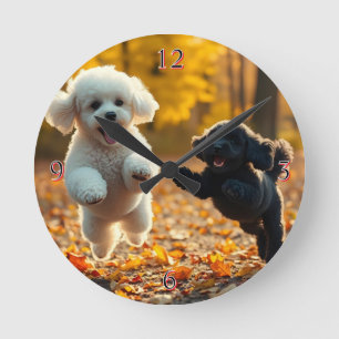 Horloge Ronde Chiots Caniches qui sautent