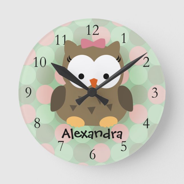 Horloge Ronde Chouette Brown mignonne avec bow rose (Recto)