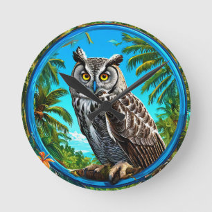 Horloge Ronde Chouette effraie colorée Grande Chouette grise
