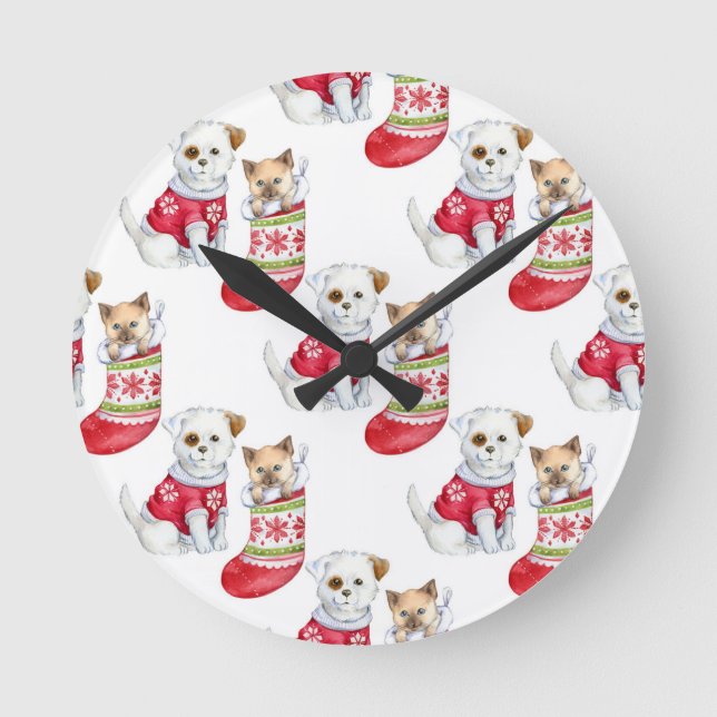 Horloge Ronde Christmas Dog & Cat (Recto)
