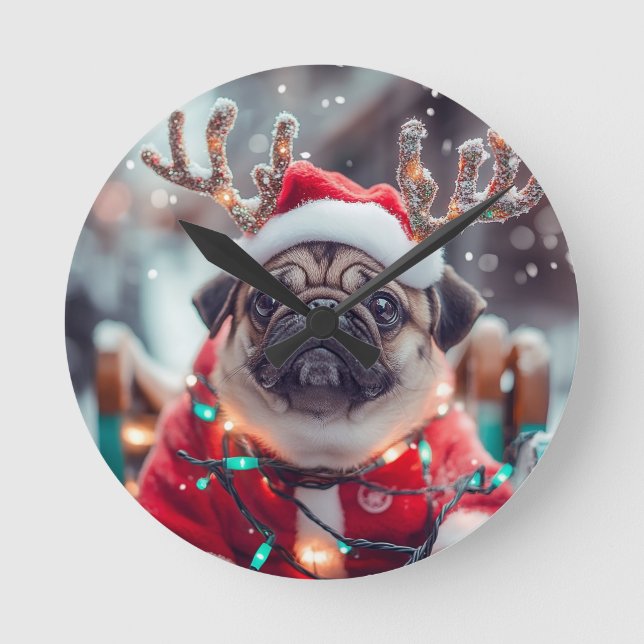 Horloge Ronde Christmas Pug Wall Clock with Reindeer Antlers - F (Recto)