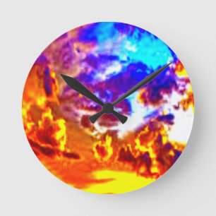 Horloge Ronde Ciel artistique bleu, orange et jaune