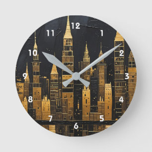 Horloge Ronde Ciel urbain doré à minuit