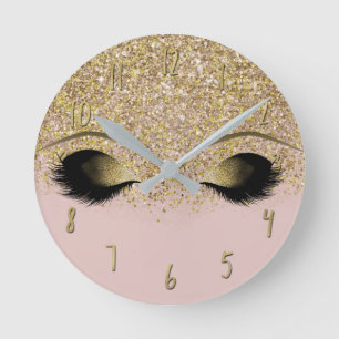 Horloge Ronde Cils Pailletés Rose et Or Moderne Tendance Glamour