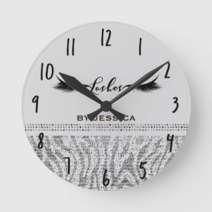 Horloge Ronde Cils Personnalisés Strass Zèbre Argent Blanc