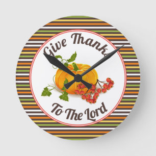Horloge Ronde Citrouille, baies et rayures tombent Thanksgiving
