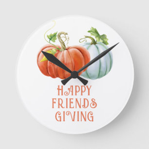 Horloge Ronde Citrouille Happy Friendsgiving brûlé orange chute