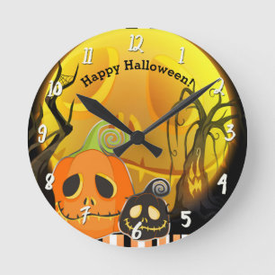 Horloge Ronde Citrouilles & Lune Halloween Personnalisé Fantaisi