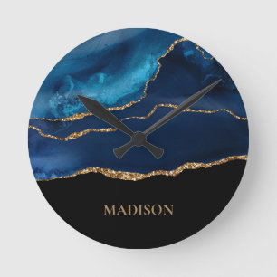 Horloge Ronde Classieux Bleu Nuit Paillettes Dorées Noir Prénom