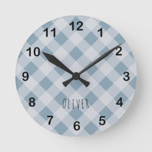 Horloge Ronde Classique élégant carreau bleu à gingham & nom per
