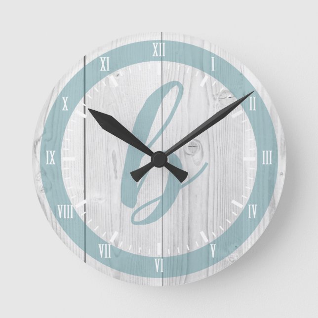 Horloge Ronde Coastal White Wood Print & Seaglass Blue Monogram (Recto)