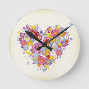 Horloge Ronde Coeur floral avec des papillons