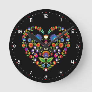 Horloge Ronde Coeur folklorique, style Wycinanki