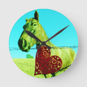 Horloge Ronde Cœur Rouge et Cheval