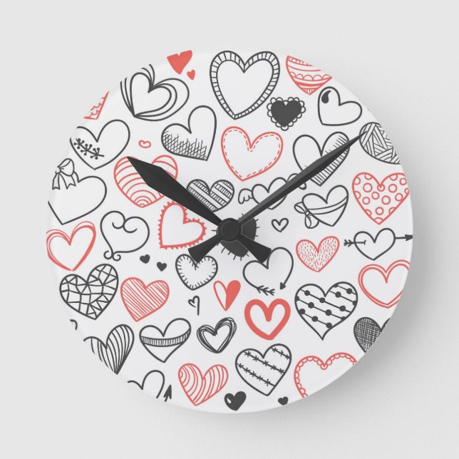 Horloge Ronde Coeurs de griffonnage de Valentine rouges et (Recto)