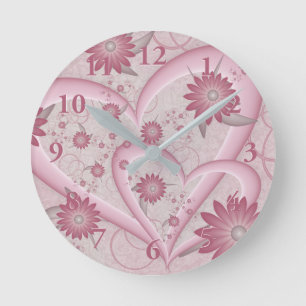 Horloge Ronde Cœurs et fleurs abstraits roses Amour Art fractal