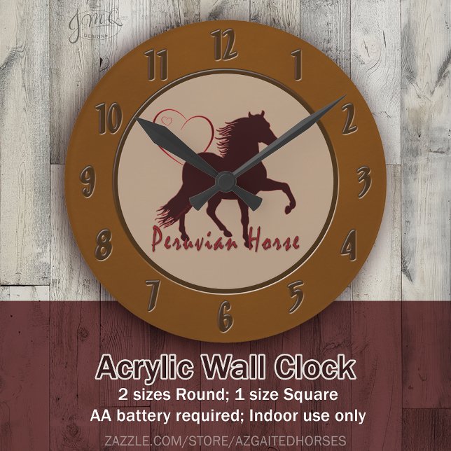 Horloge Ronde Coeurs péruviens de cheval (Round brown wall clock with a dark horse silhouette, heart accent, and the text “Peruvian Horse.”)