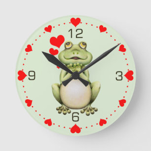 Horloge Ronde Coeurs verts pour l'amour de la grenouille