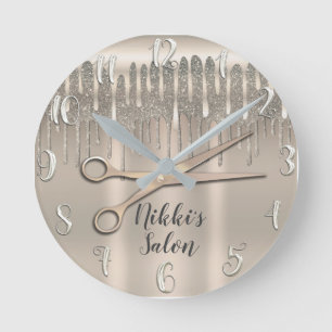 Horloge Ronde Coiffeur Or Champagne Goutte de Paillettes Diamant