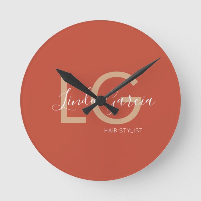 Horloge Ronde Coiffeur Orange Brun Clair Monogrammé       (Recto)