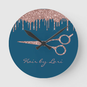 Horloge Ronde Coiffeur Rose Gold Drips Glitter Ciseaux