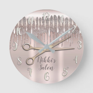 Horloge Ronde Coiffeur Rose Or Paillettes Diamant Dégoulinant