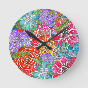 Horloge Ronde Colful Abstract Wild Flower Collage Clock
