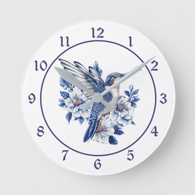 Horloge Ronde Colibri Bleu Floral (Recto)