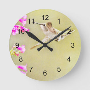 Horloge Ronde Colibri et fleurs roses