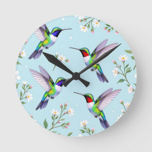 Horloge Ronde Colibris Vibrants et Fleurs de Cerisier Blanches