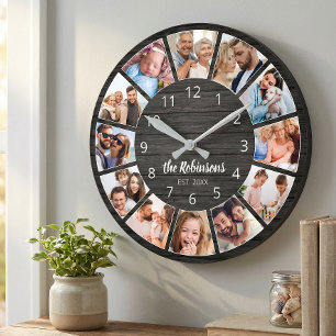 Horloge Ronde Collage de photos personnalisé en bois noir pour l
