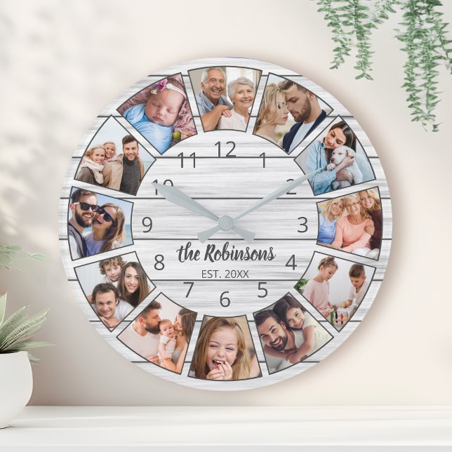 Horloge Ronde Collage photo personnalisé Famille de bois blanc (Créateur téléchargé)