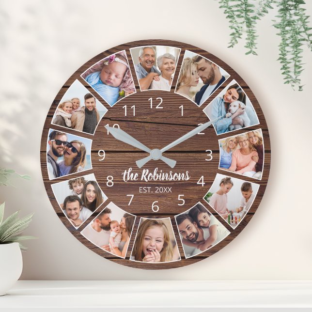 Horloge Ronde Collage photo personnalisé Famille de bois naturel (Créateur téléchargé)