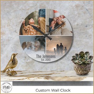 Horloge Ronde Collage photo personnalisé Nom de famille Date